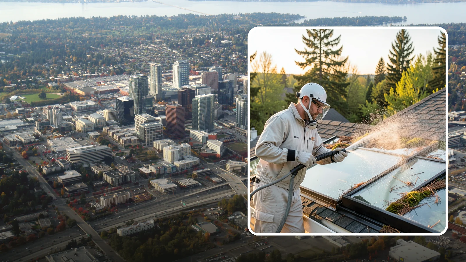 Skylight Cleaning in Bellevue, King County, WA - Cleaning of skylights coated in the moss, needles, and organic film that settle on our low-slope roof glass.