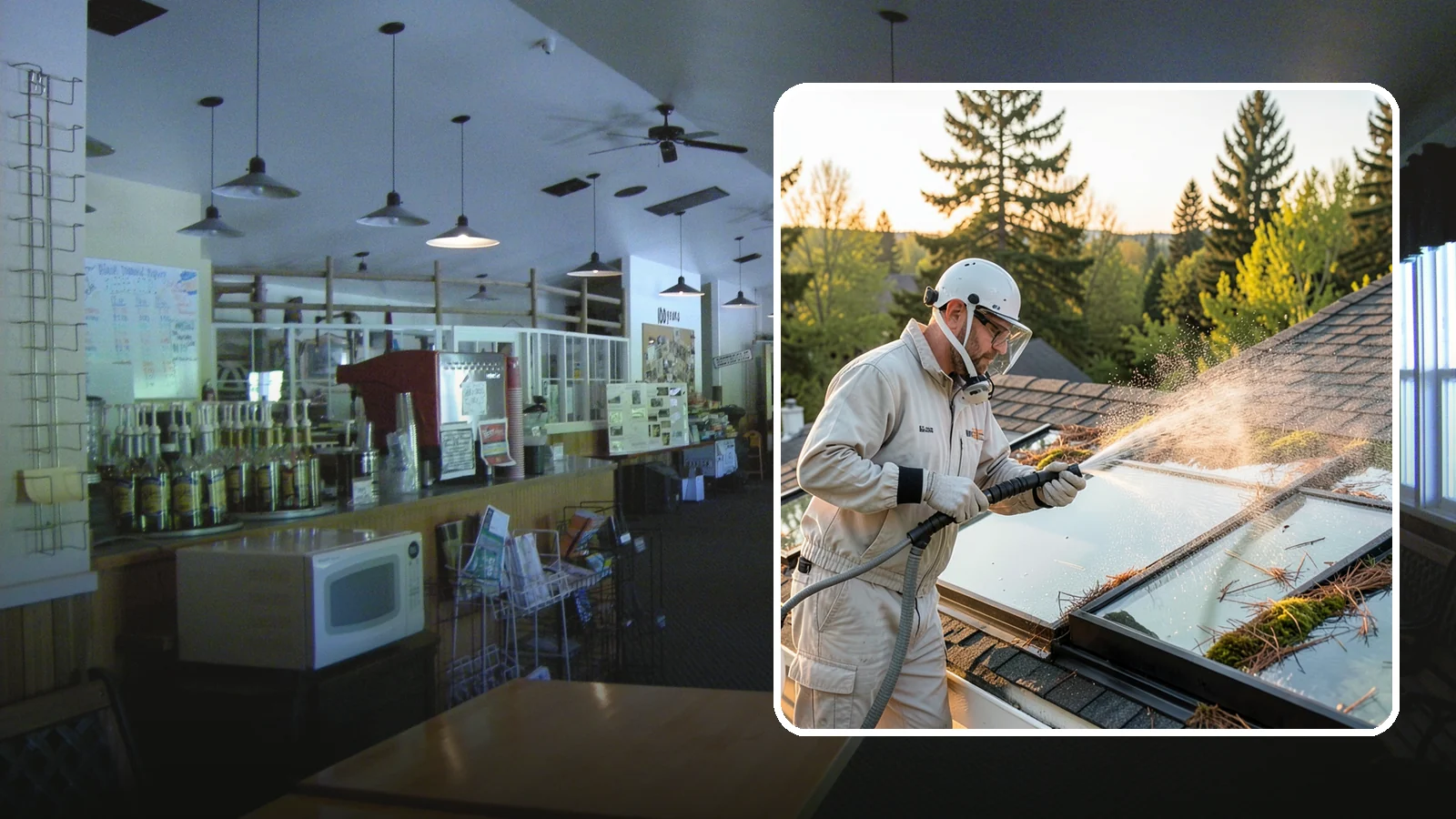 Skylight Cleaning in Black Diamond, King County, WA - Cleaning of skylights coated in the moss, needles, and organic film that settle on our low-slope roof glass.