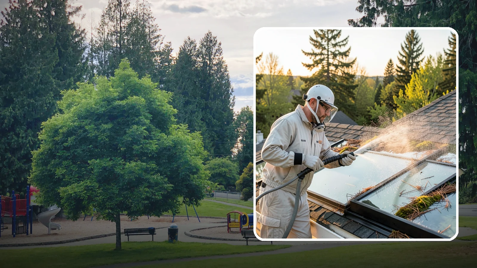 Skylight Cleaning in Bonney Lake, Pierce County, WA - Cleaning of skylights coated in the moss, needles, and organic film that settle on our low-slope roof glass.