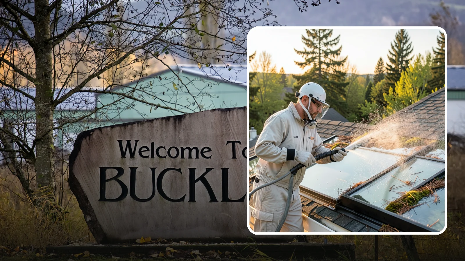 Skylight Cleaning in Buckley, Pierce County, WA - Cleaning of skylights coated in the moss, needles, and organic film that settle on our low-slope roof glass.