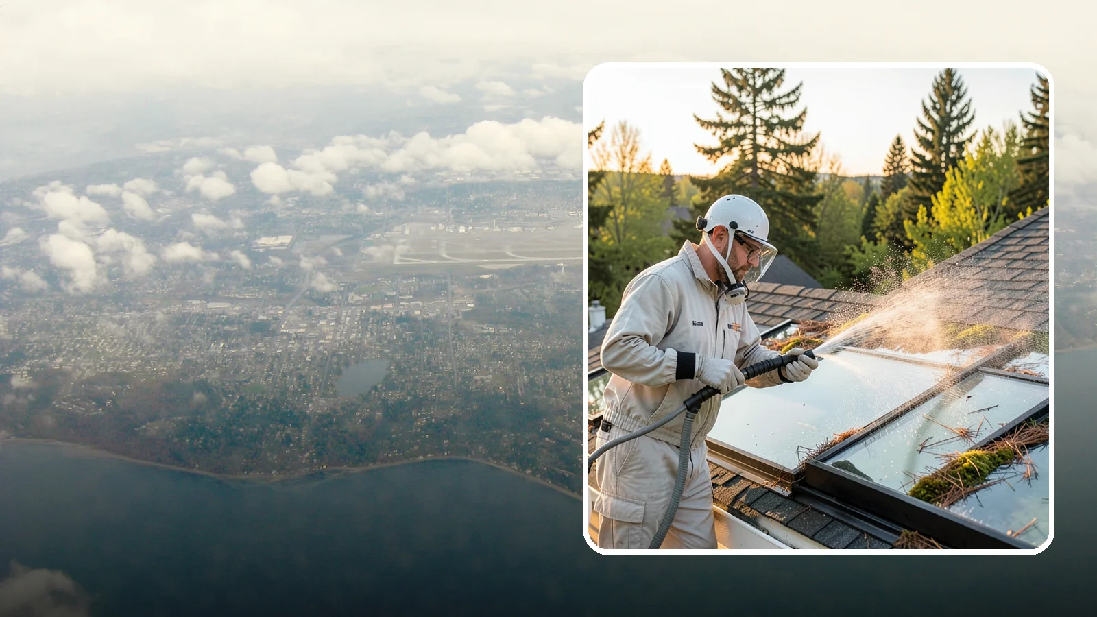Skylight Cleaning in Burien, King County, WA - Cleaning of skylights coated in the moss, needles, and organic film that settle on our low-slope roof glass.