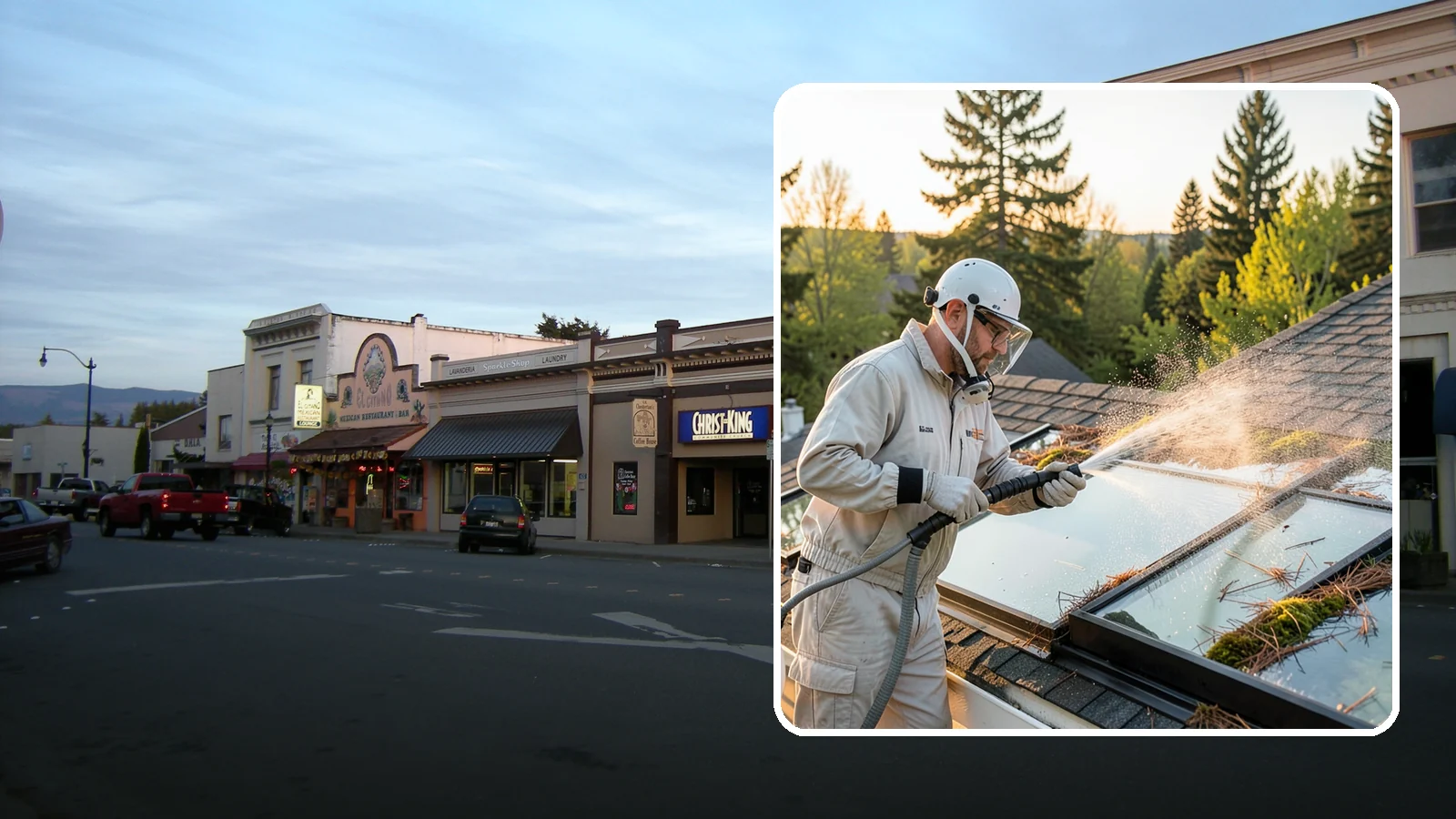 Skylight Cleaning in Burlington, Skagit County, WA - Cleaning of skylights coated in the moss, needles, and organic film that settle on our low-slope roof glass.