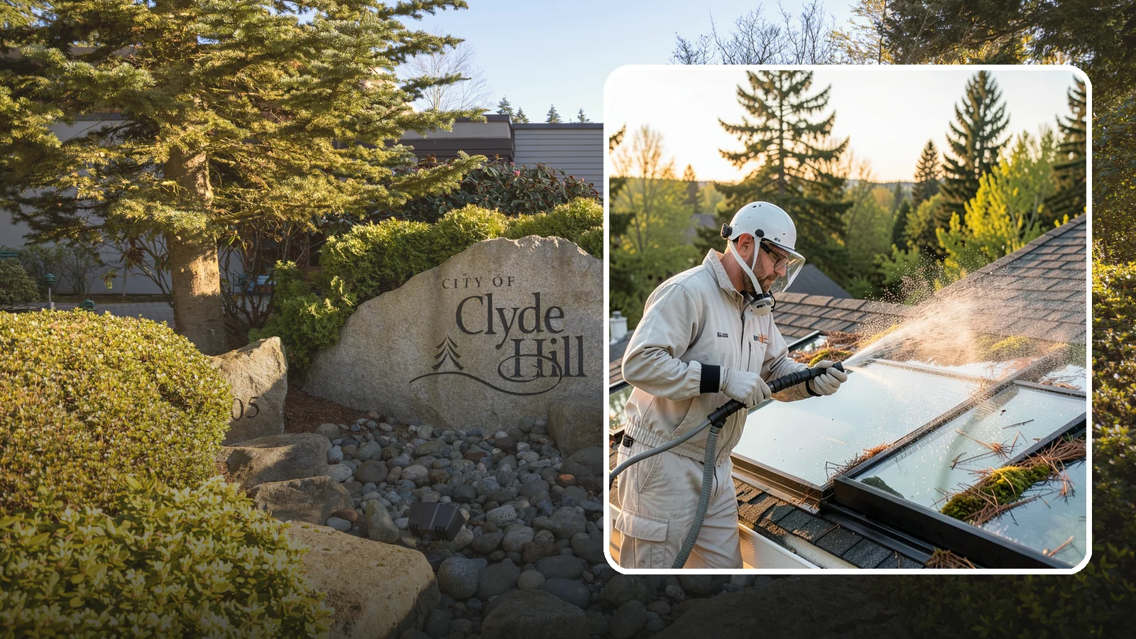 Skylight Cleaning in Clyde Hill, King County, WA - Cleaning of skylights coated in the moss, needles, and organic film that settle on our low-slope roof glass.