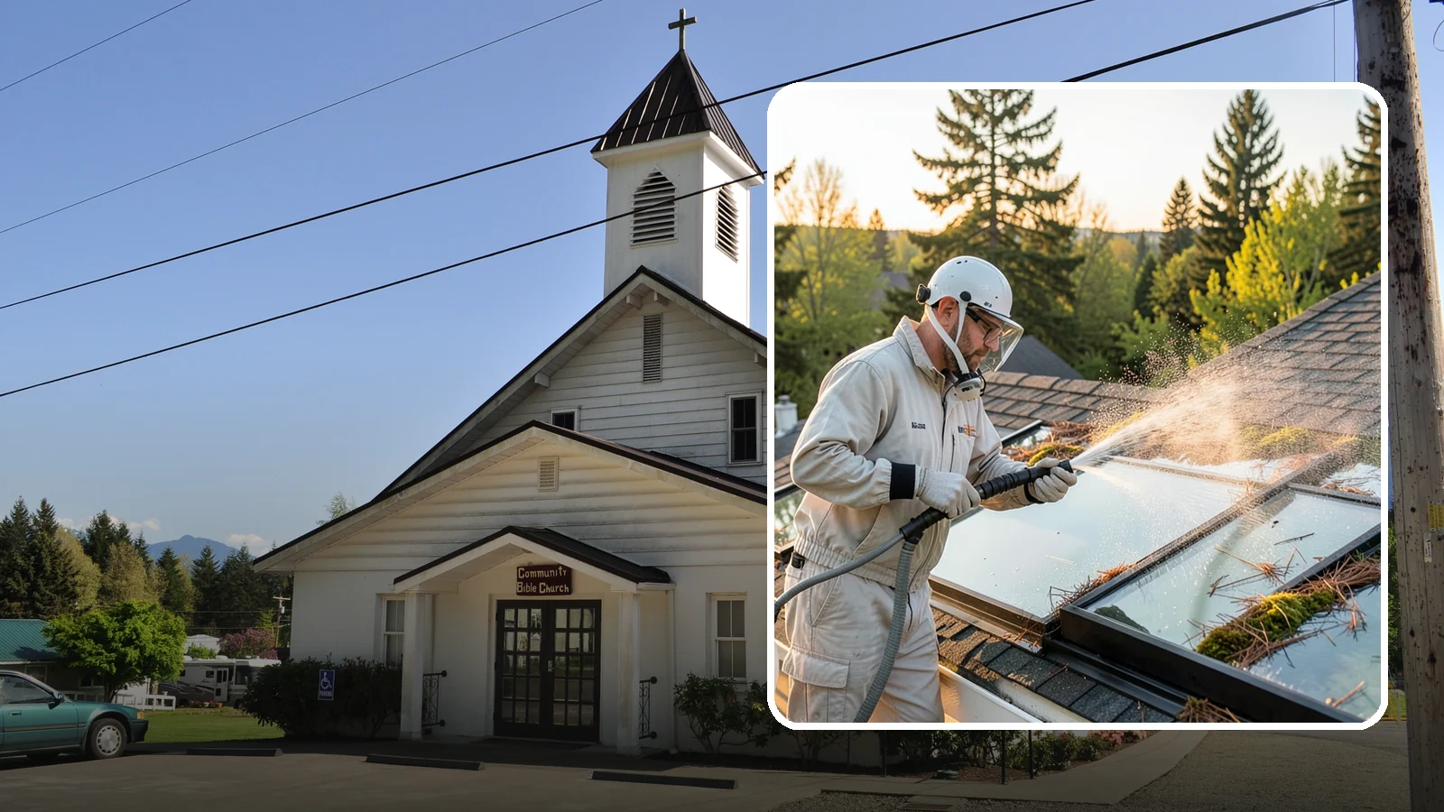 Skylight Cleaning in Concrete, Skagit County, WA - Cleaning of skylights coated in the moss, needles, and organic film that settle on our low-slope roof glass.