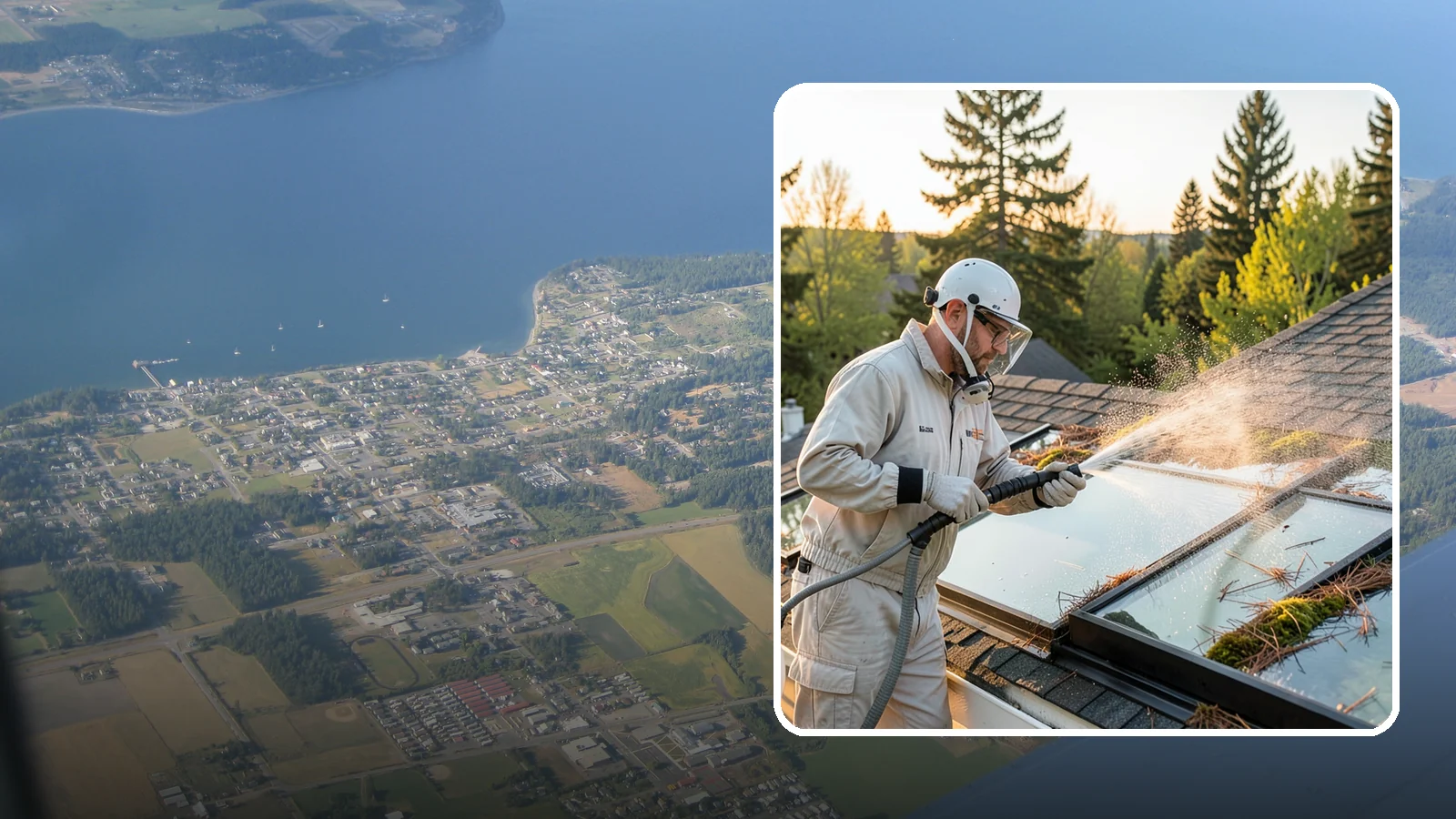 Skylight Cleaning in Coupeville, Island County, WA - Cleaning of skylights coated in the moss, needles, and organic film that settle on our low-slope roof glass.