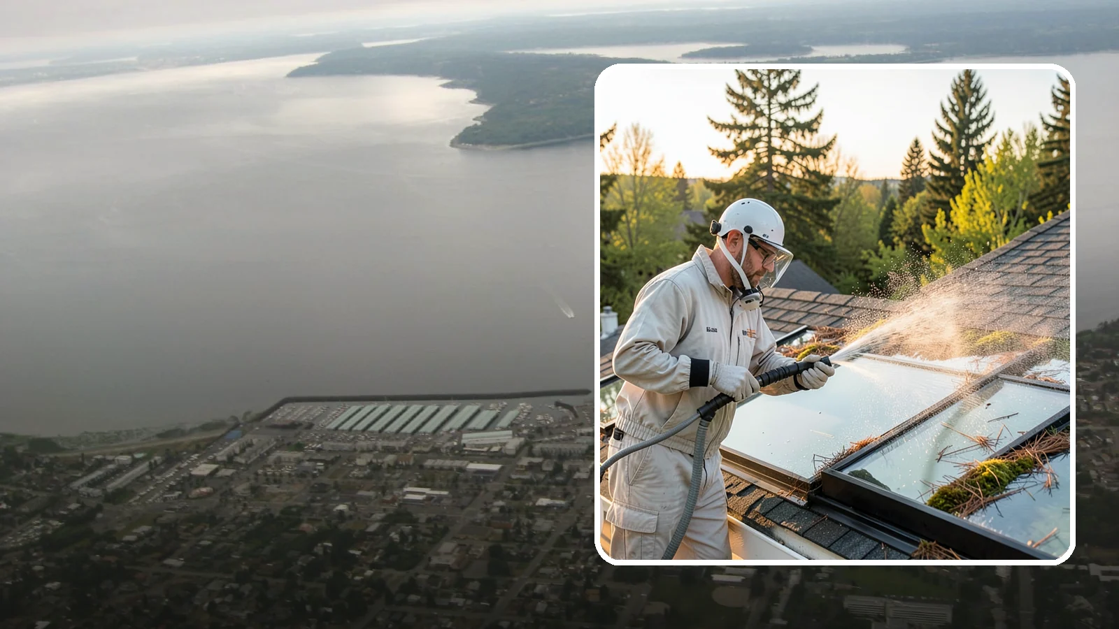 Skylight Cleaning in Des Moines, King County, WA - Cleaning of skylights coated in the moss, needles, and organic film that settle on our low-slope roof glass.