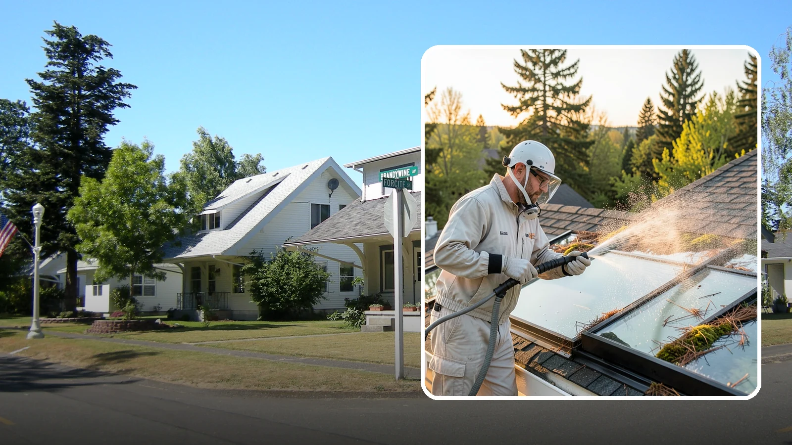 Skylight Cleaning in DuPont, Pierce County, WA - Cleaning of skylights coated in the moss, needles, and organic film that settle on our low-slope roof glass.