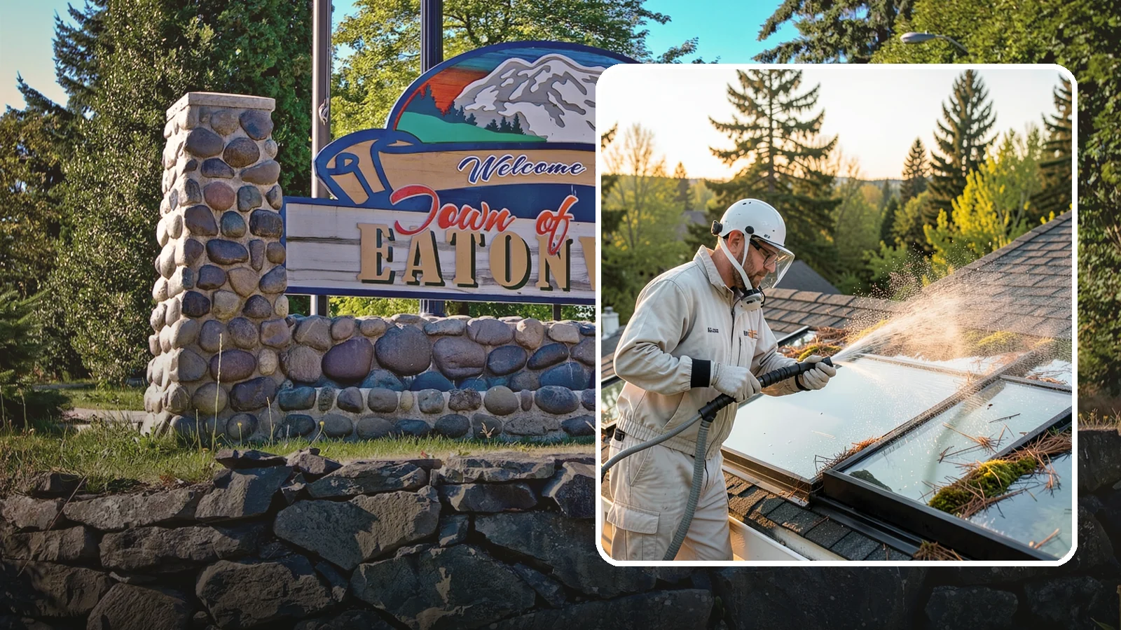 Skylight Cleaning in Eatonville, Pierce County, WA - Cleaning of skylights coated in the moss, needles, and organic film that settle on our low-slope roof glass.