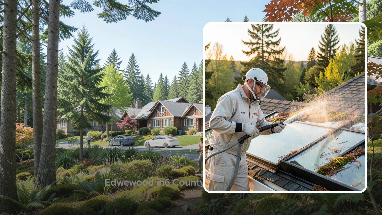 Skylight Cleaning in Edgewood, Pierce County, WA - Cleaning of skylights coated in the moss, needles, and organic film that settle on our low-slope roof glass.
