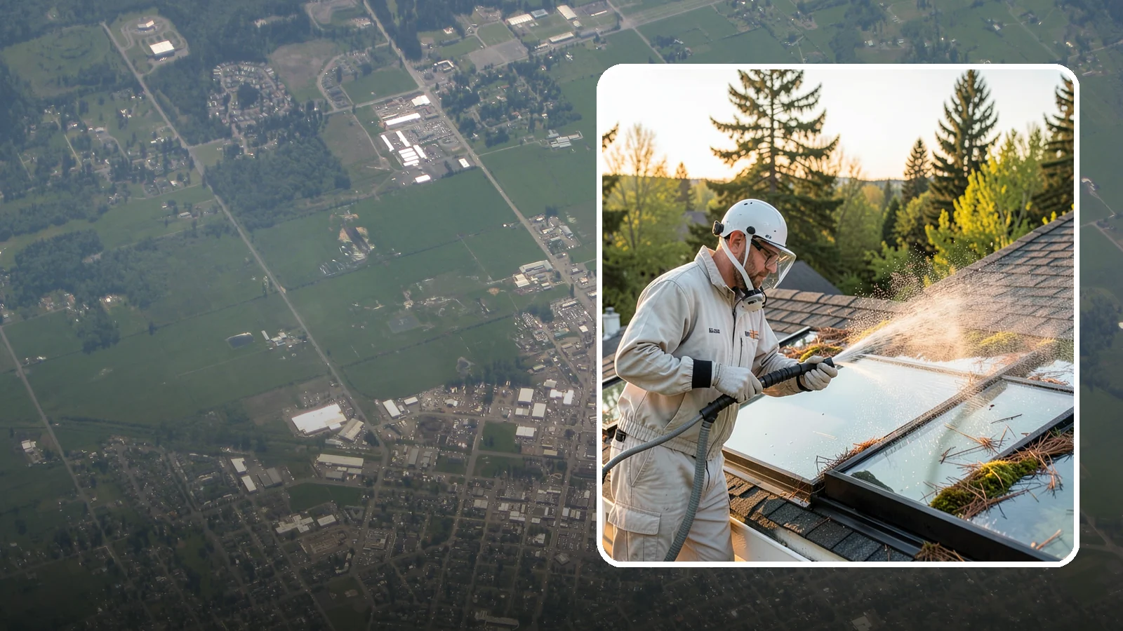 Skylight Cleaning in Enumclaw, King County, WA - Cleaning of skylights coated in the moss, needles, and organic film that settle on our low-slope roof glass.