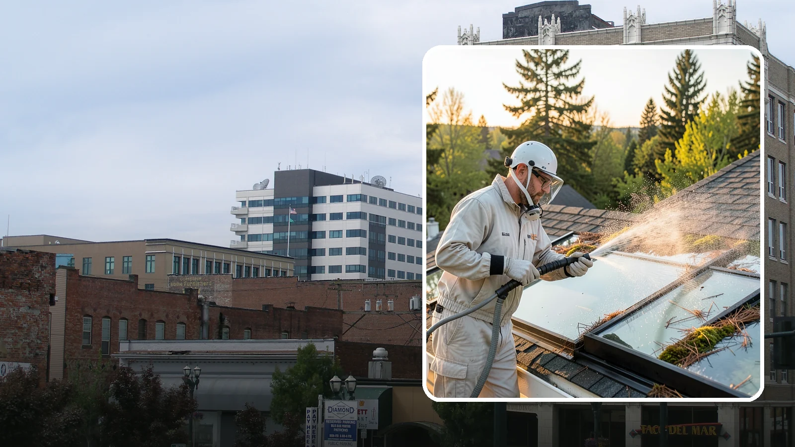 Skylight Cleaning in Everett, Snohomish County, WA - Cleaning of skylights coated in the moss, needles, and organic film that settle on our low-slope roof glass.