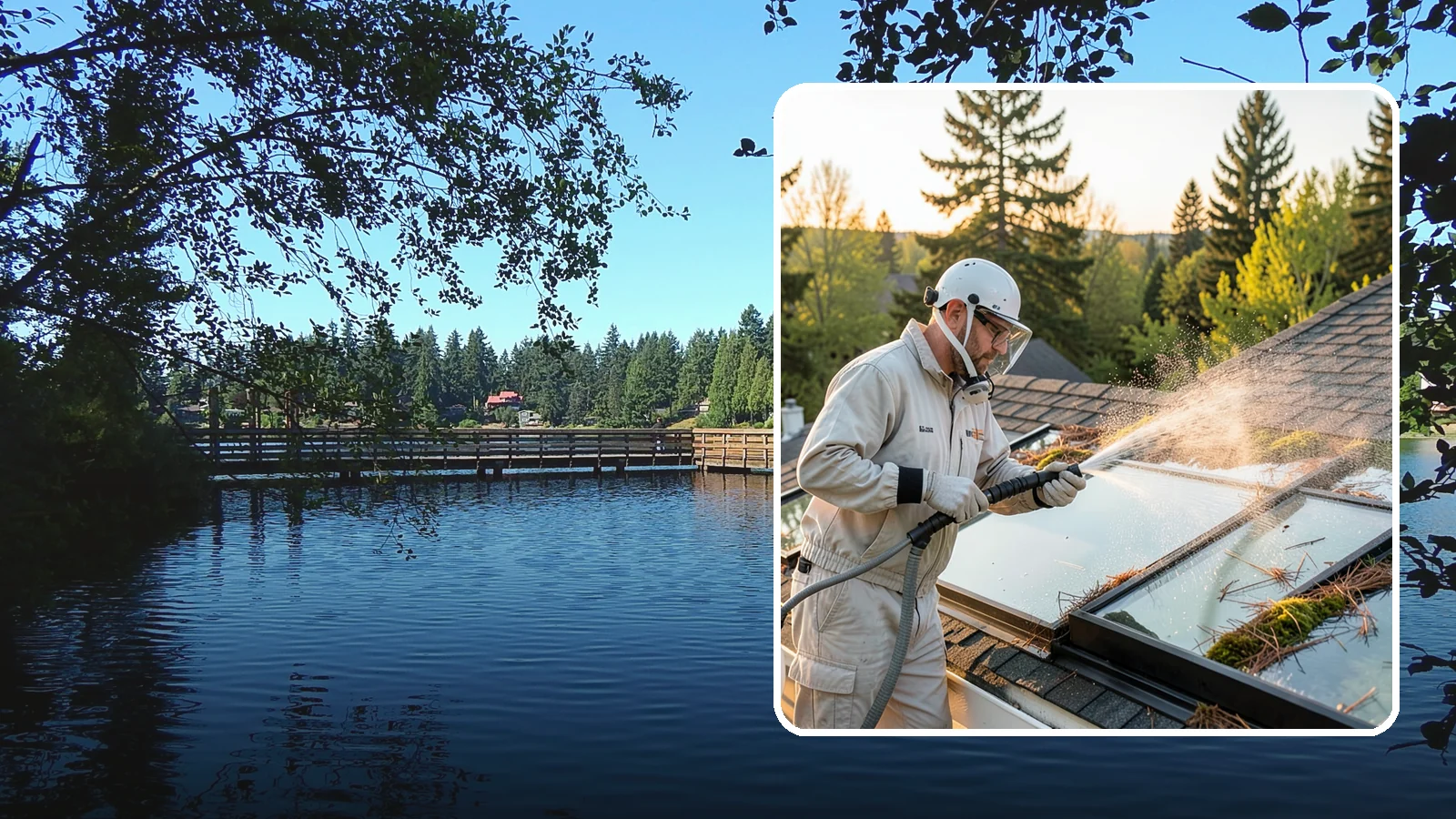 Skylight Cleaning in Federal Way, King County, WA - Cleaning of skylights coated in the moss, needles, and organic film that settle on our low-slope roof glass.