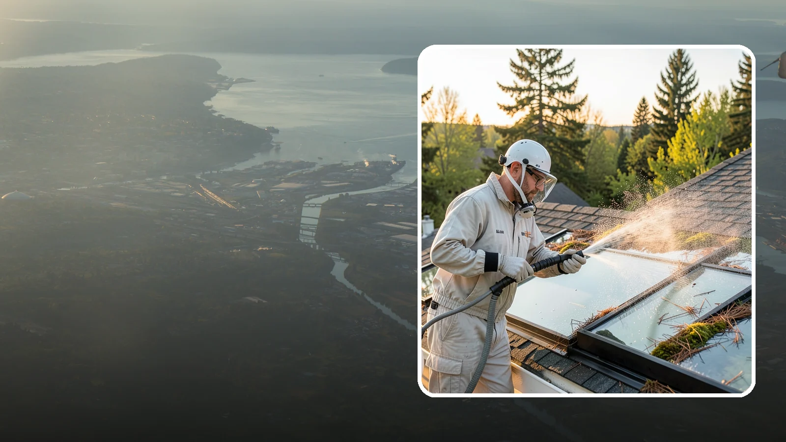 Skylight Cleaning in Fife, Pierce County, WA - Cleaning of skylights coated in the moss, needles, and organic film that settle on our low-slope roof glass.