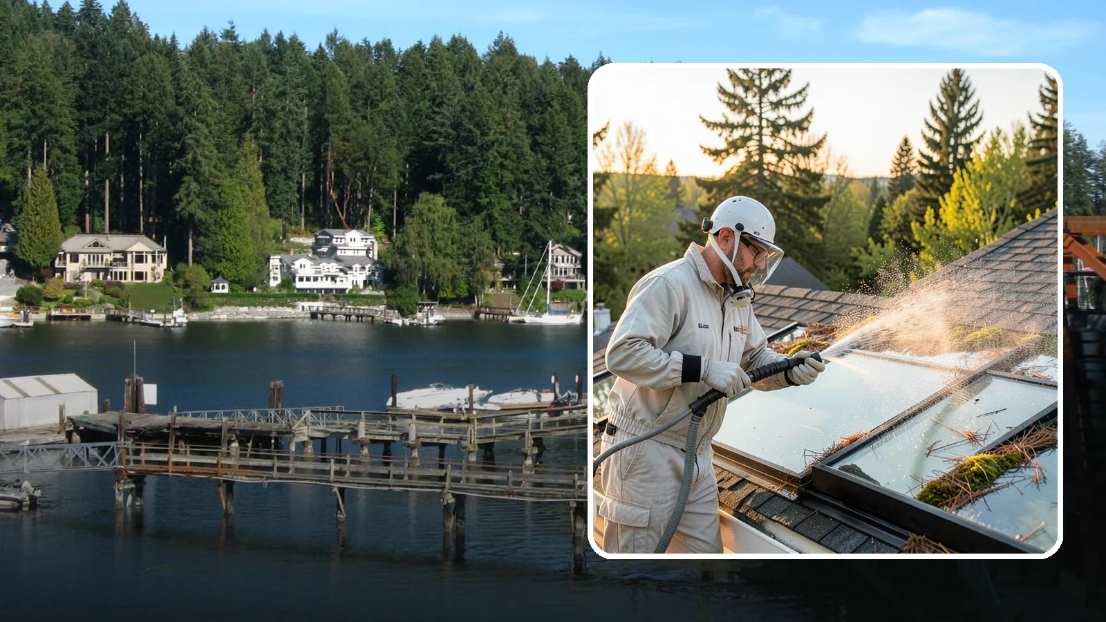Skylight Cleaning in Gig Harbor, Pierce County, WA - Cleaning of skylights coated in the moss, needles, and organic film that settle on our low-slope roof glass.