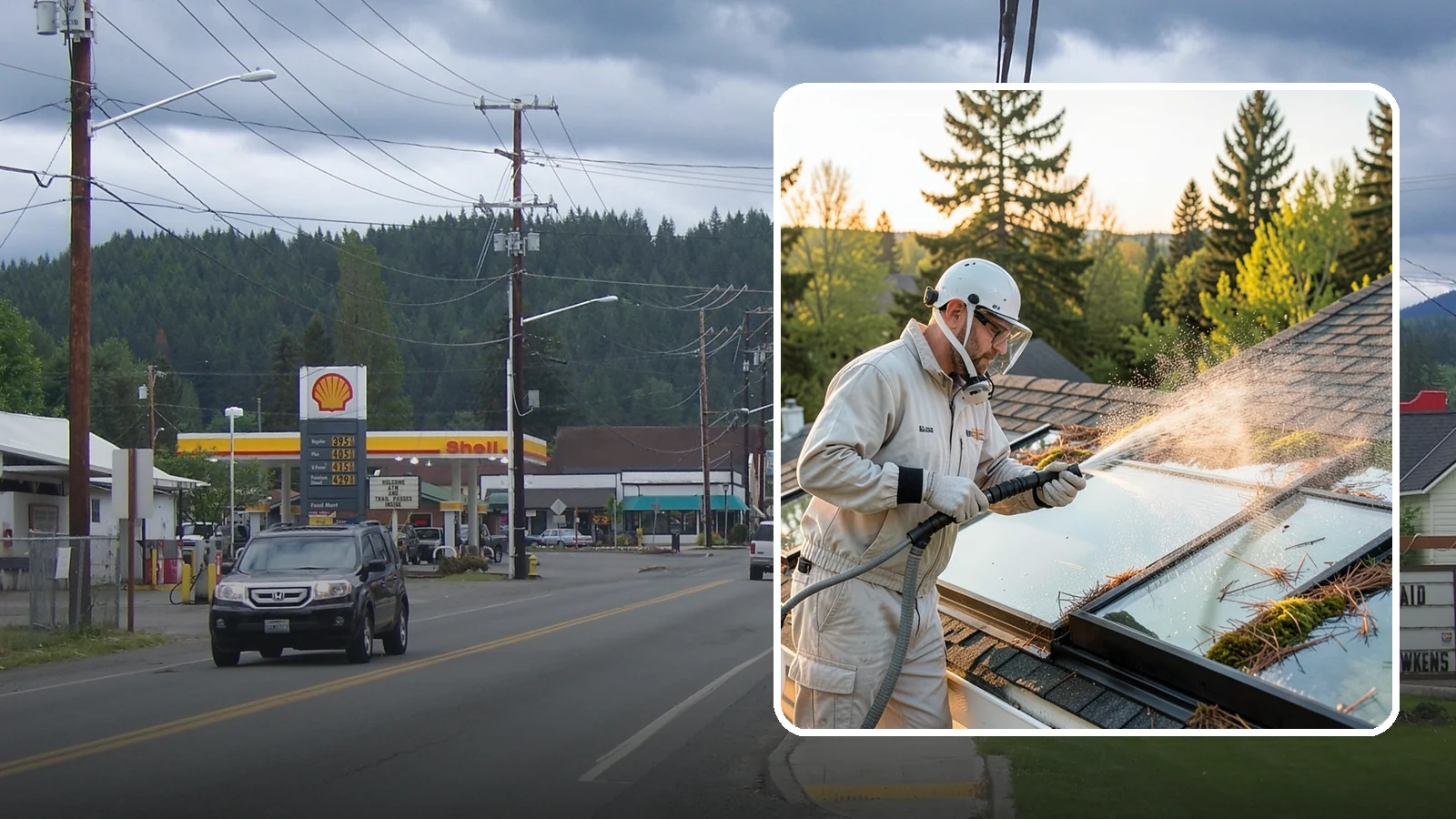Skylight Cleaning in Granite Falls, Snohomish County, WA - Cleaning of skylights coated in the moss, needles, and organic film that settle on our low-slope roof glass.