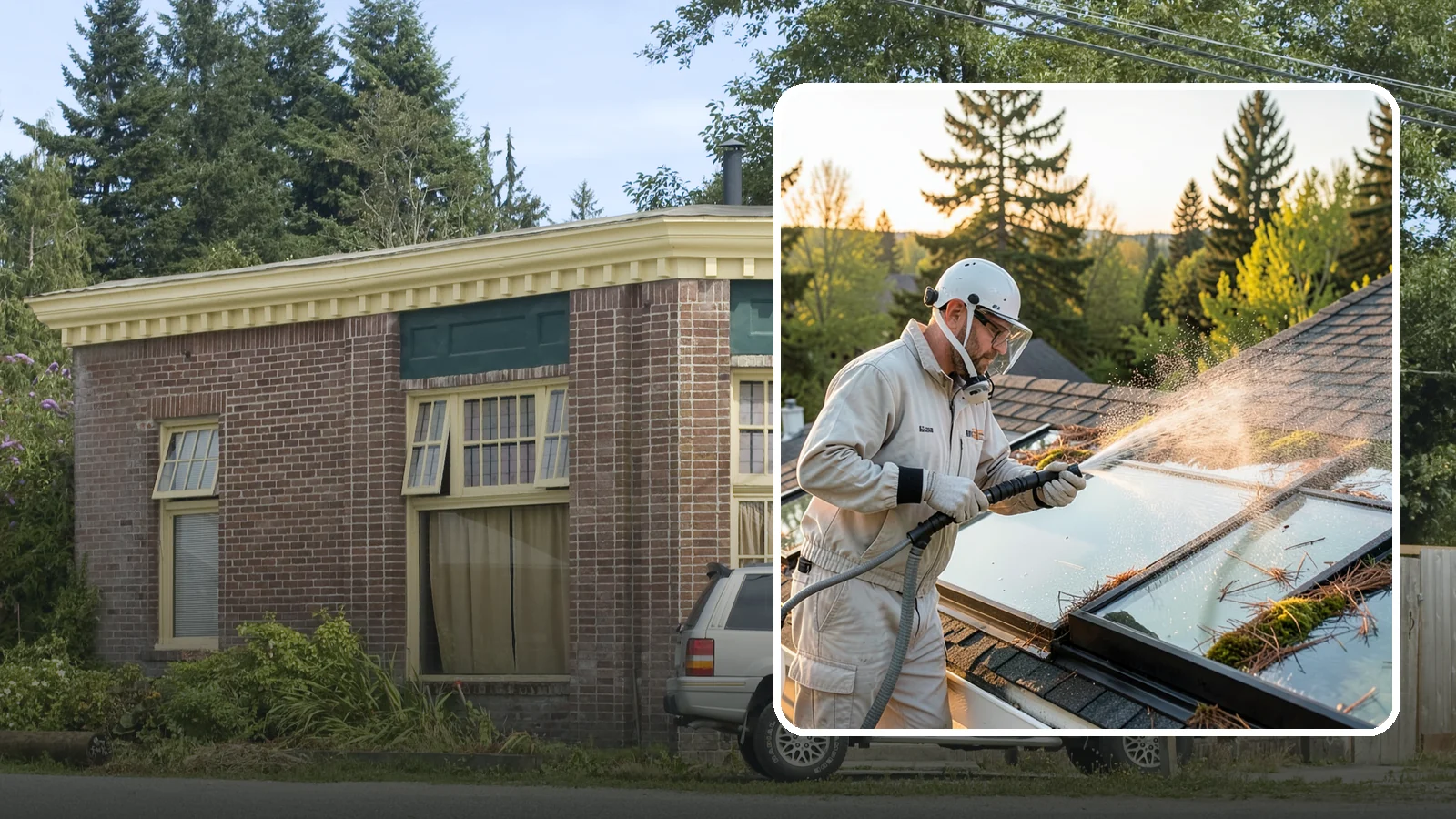 Skylight Cleaning in Hamilton, Skagit County, WA - Cleaning of skylights coated in the moss, needles, and organic film that settle on our low-slope roof glass.