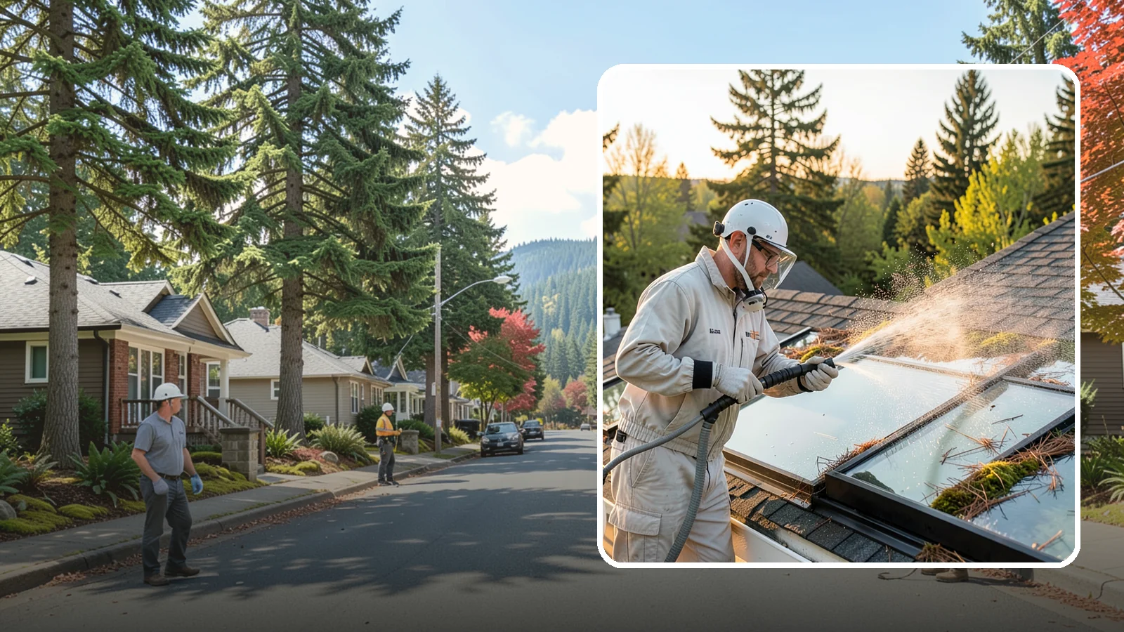 Skylight Cleaning in Hunts Point, King County, WA - Cleaning of skylights coated in the moss, needles, and organic film that settle on our low-slope roof glass.