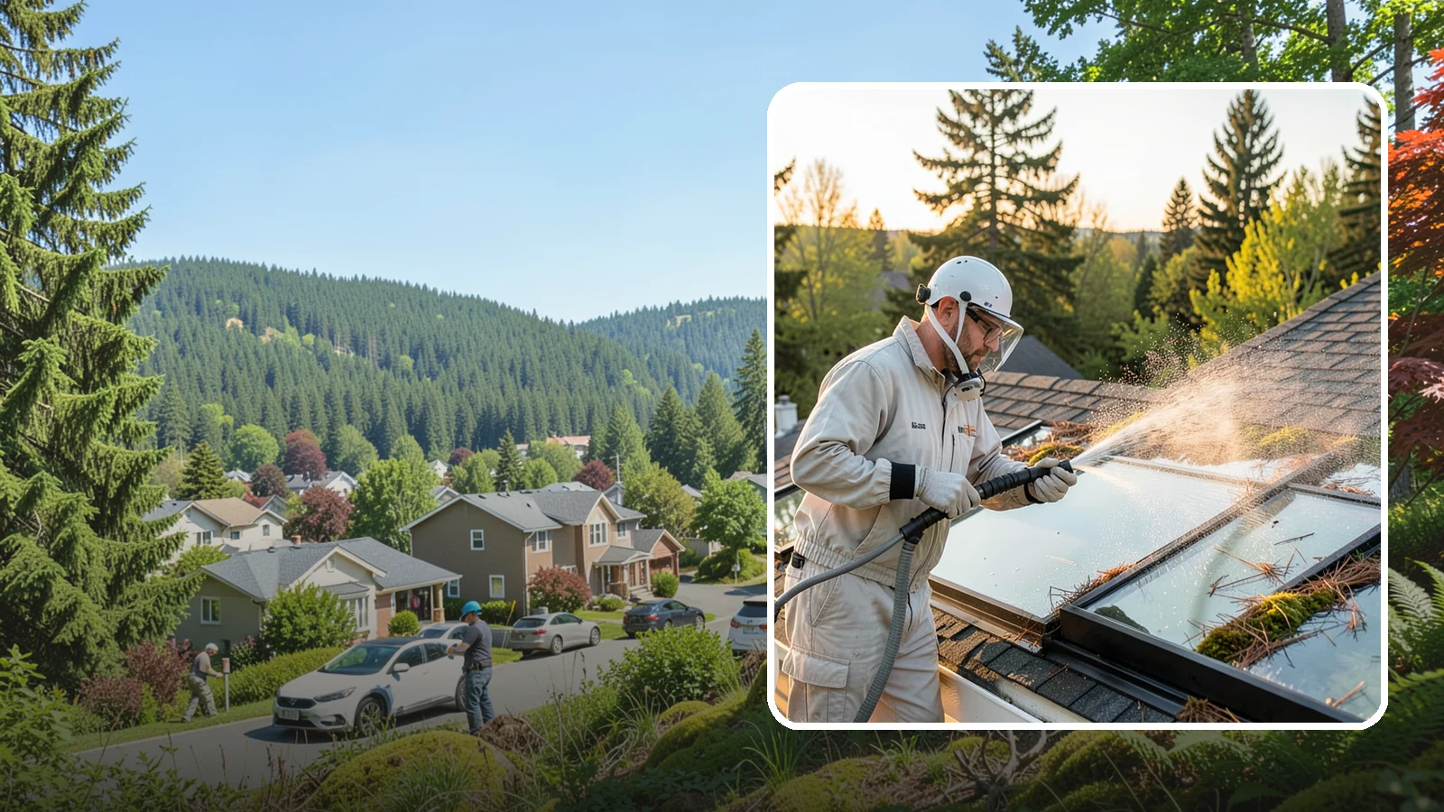 Skylight Cleaning in Index, Snohomish County, WA - Cleaning of skylights coated in the moss, needles, and organic film that settle on our low-slope roof glass.