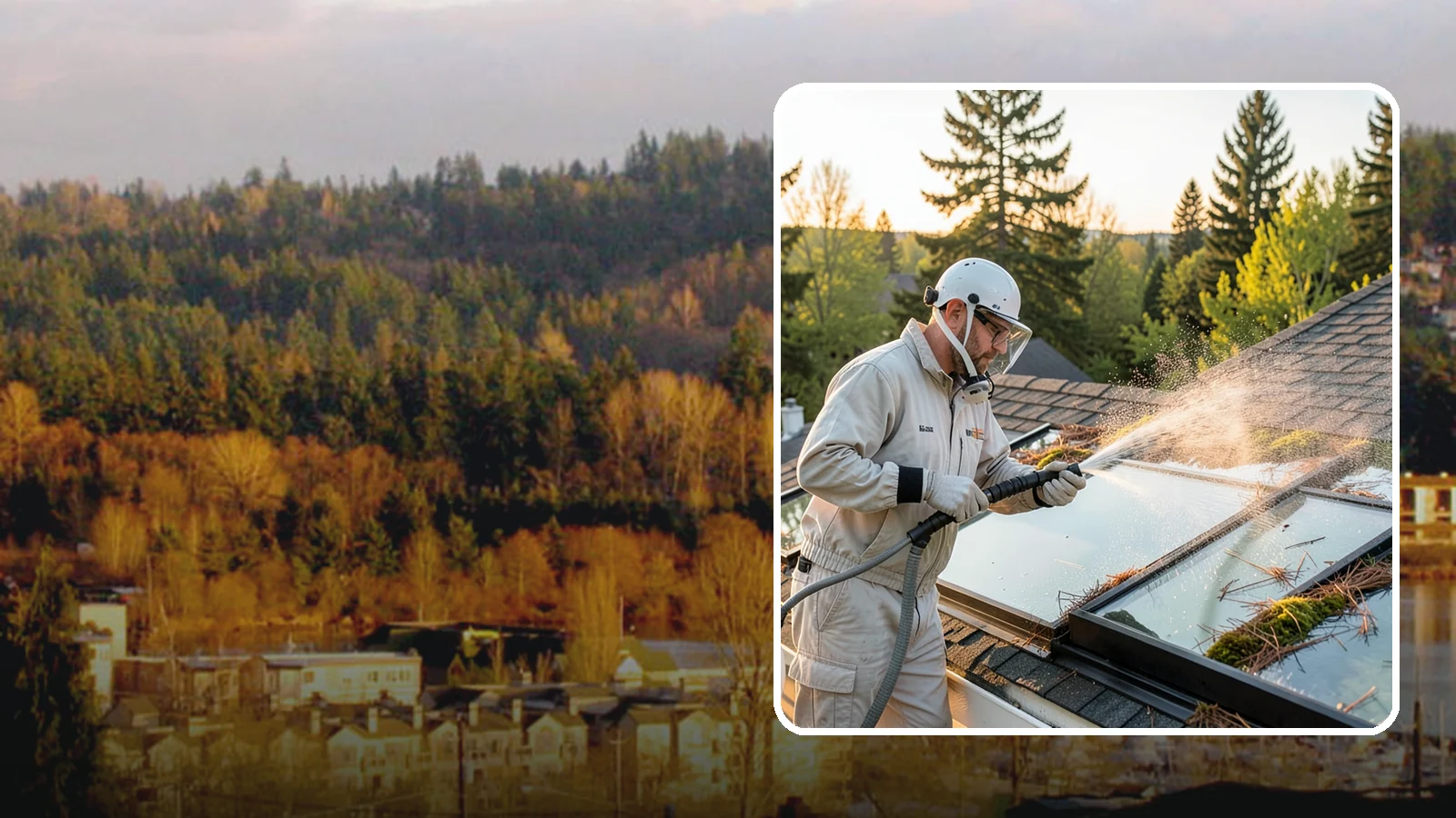 Skylight Cleaning in Kenmore, King County, WA - Cleaning of skylights coated in the moss, needles, and organic film that settle on our low-slope roof glass.