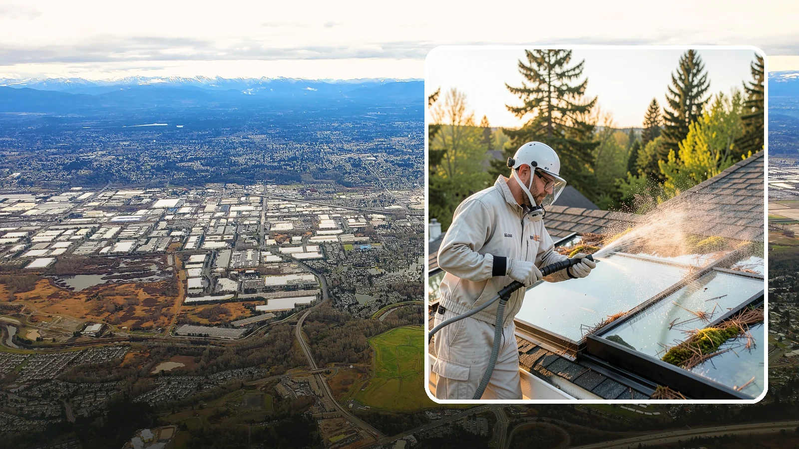 Skylight Cleaning in Kent, King County, WA - Cleaning of skylights coated in the moss, needles, and organic film that settle on our low-slope roof glass.