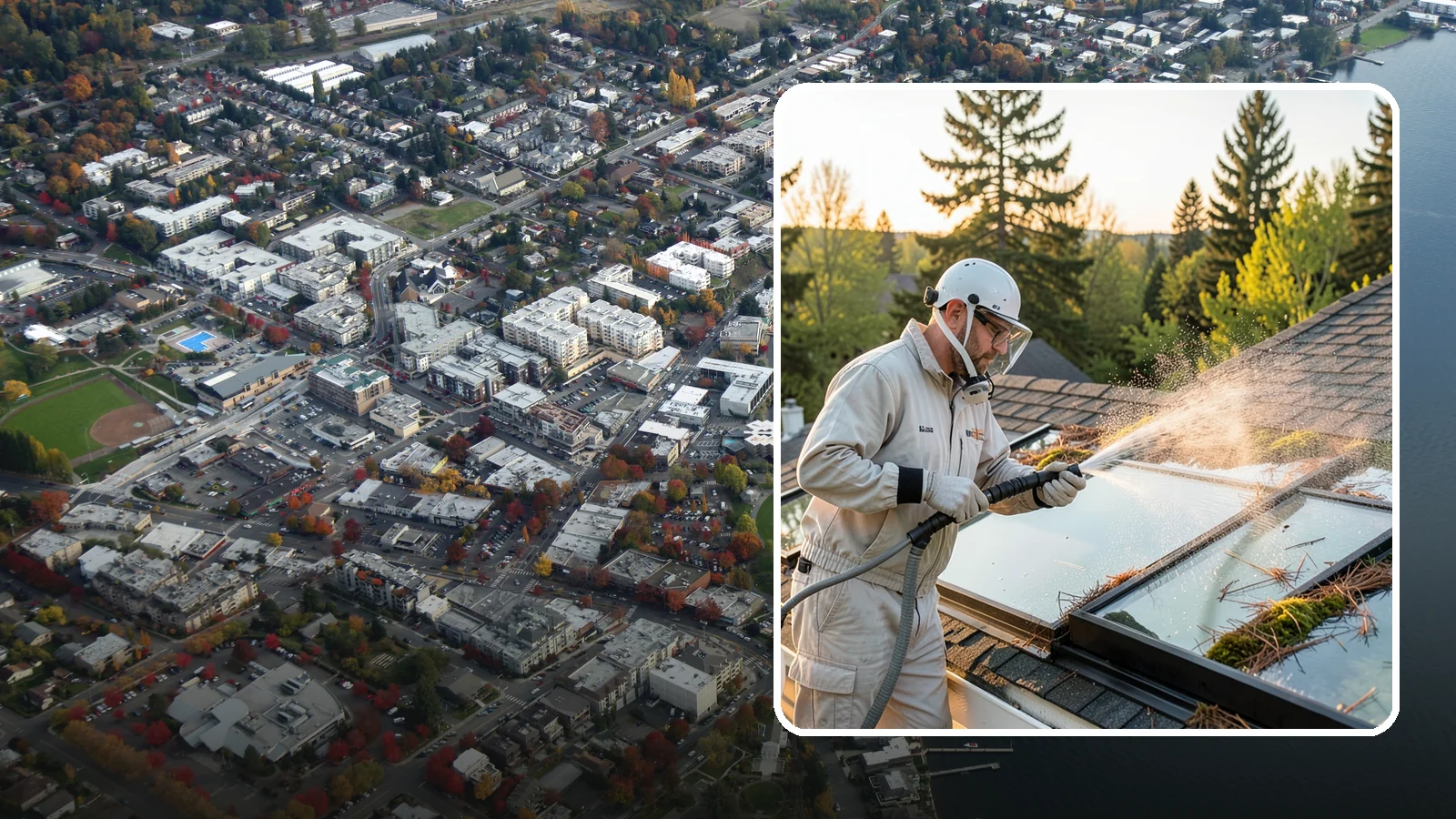 Skylight Cleaning in Kirkland, King County, WA - Cleaning of skylights coated in the moss, needles, and organic film that settle on our low-slope roof glass.
