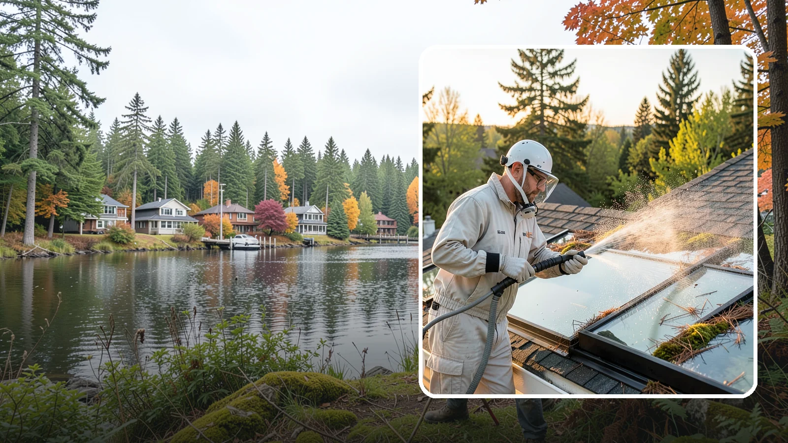 Skylight Cleaning in La Conner, Skagit County, WA - Cleaning of skylights coated in the moss, needles, and organic film that settle on our low-slope roof glass.