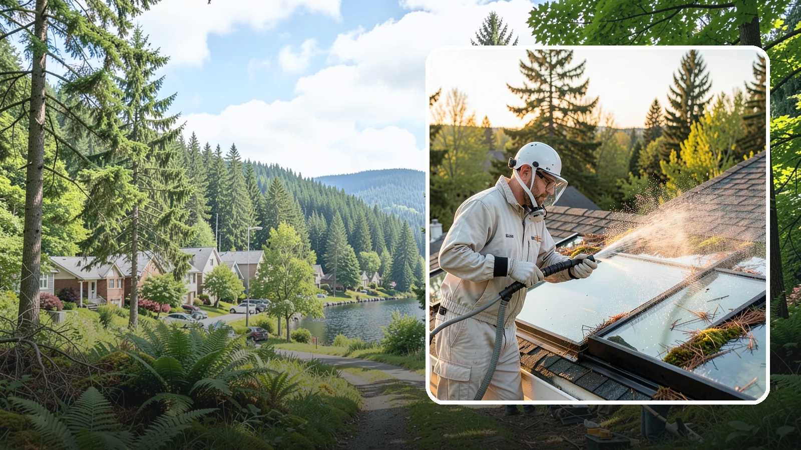 Skylight Cleaning in Lake Forest Park, King County, WA - Cleaning of skylights coated in the moss, needles, and organic film that settle on our low-slope roof glass.