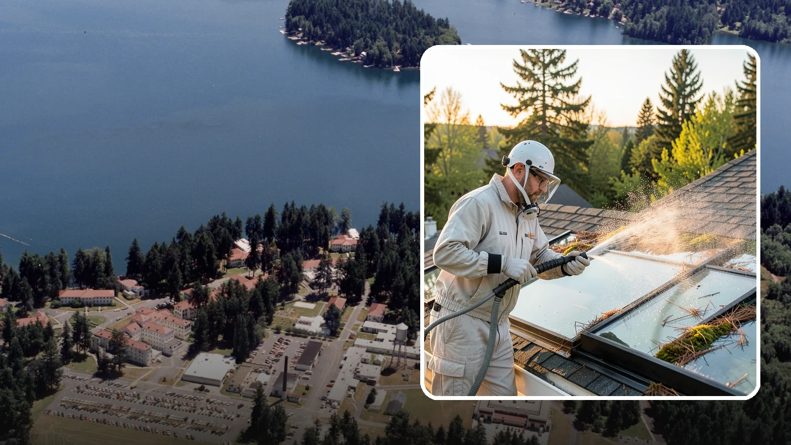 Skylight Cleaning in Lakewood, Pierce County, WA - Cleaning of skylights coated in the moss, needles, and organic film that settle on our low-slope roof glass.