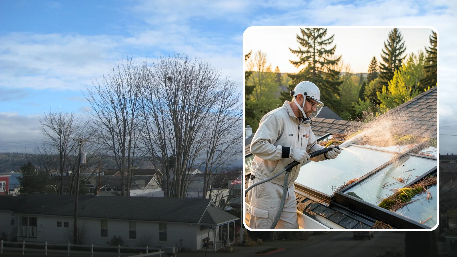 Skylight Cleaning in Langley, Island County, WA - Cleaning of skylights coated in the moss, needles, and organic film that settle on our low-slope roof glass.