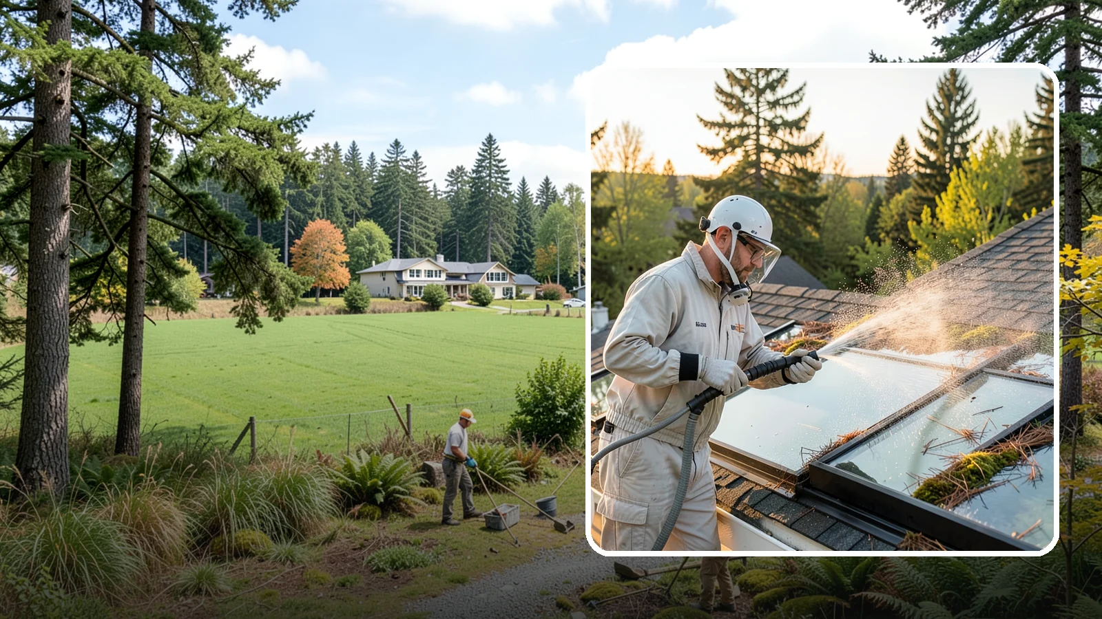 Skylight Cleaning in Lyman, Skagit County, WA - Cleaning of skylights coated in the moss, needles, and organic film that settle on our low-slope roof glass.