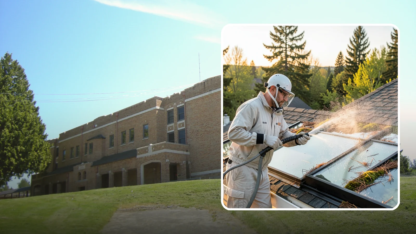 Skylight Cleaning in Maple Valley, King County, WA - Cleaning of skylights coated in the moss, needles, and organic film that settle on our low-slope roof glass.