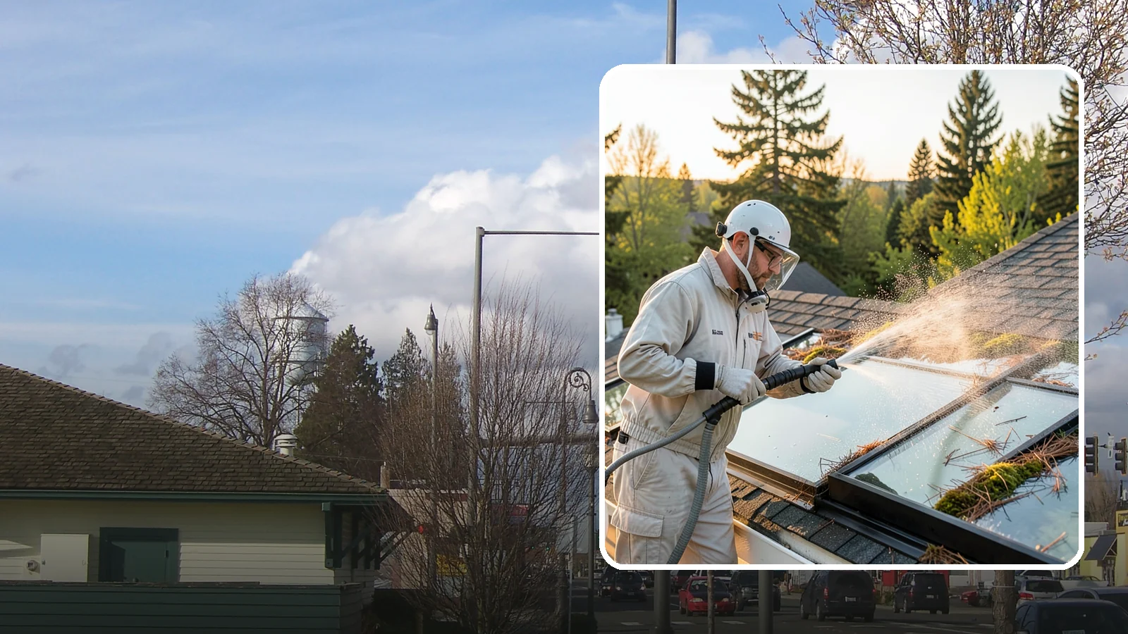 Skylight Cleaning in Marysville, Snohomish County, WA - Cleaning of skylights coated in the moss, needles, and organic film that settle on our low-slope roof glass.