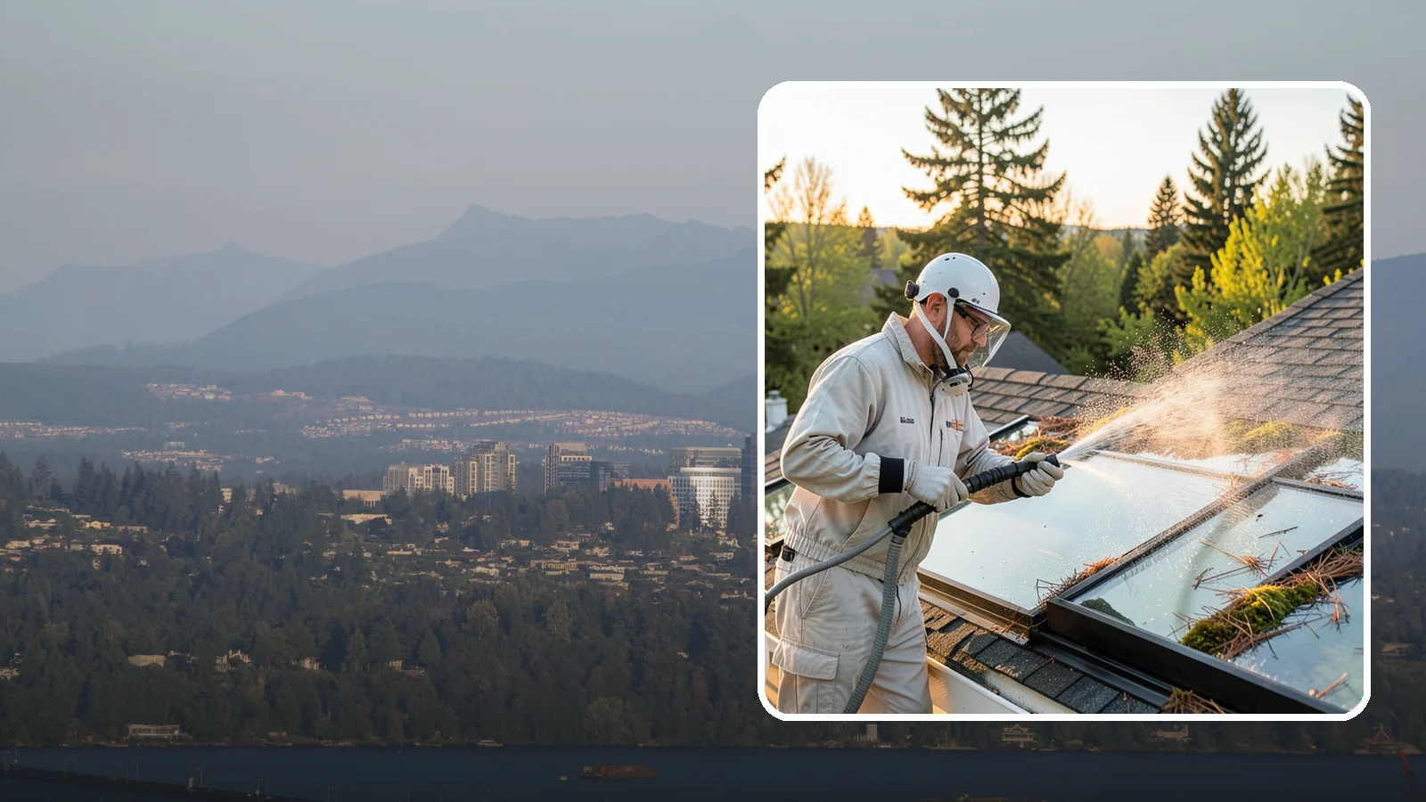 Skylight Cleaning in Medina, King County, WA - Cleaning of skylights coated in the moss, needles, and organic film that settle on our low-slope roof glass.