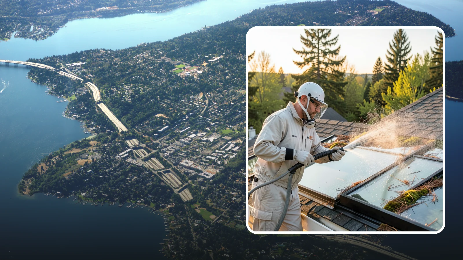Skylight Cleaning in Mercer Island, King County, WA - Cleaning of skylights coated in the moss, needles, and organic film that settle on our low-slope roof glass.