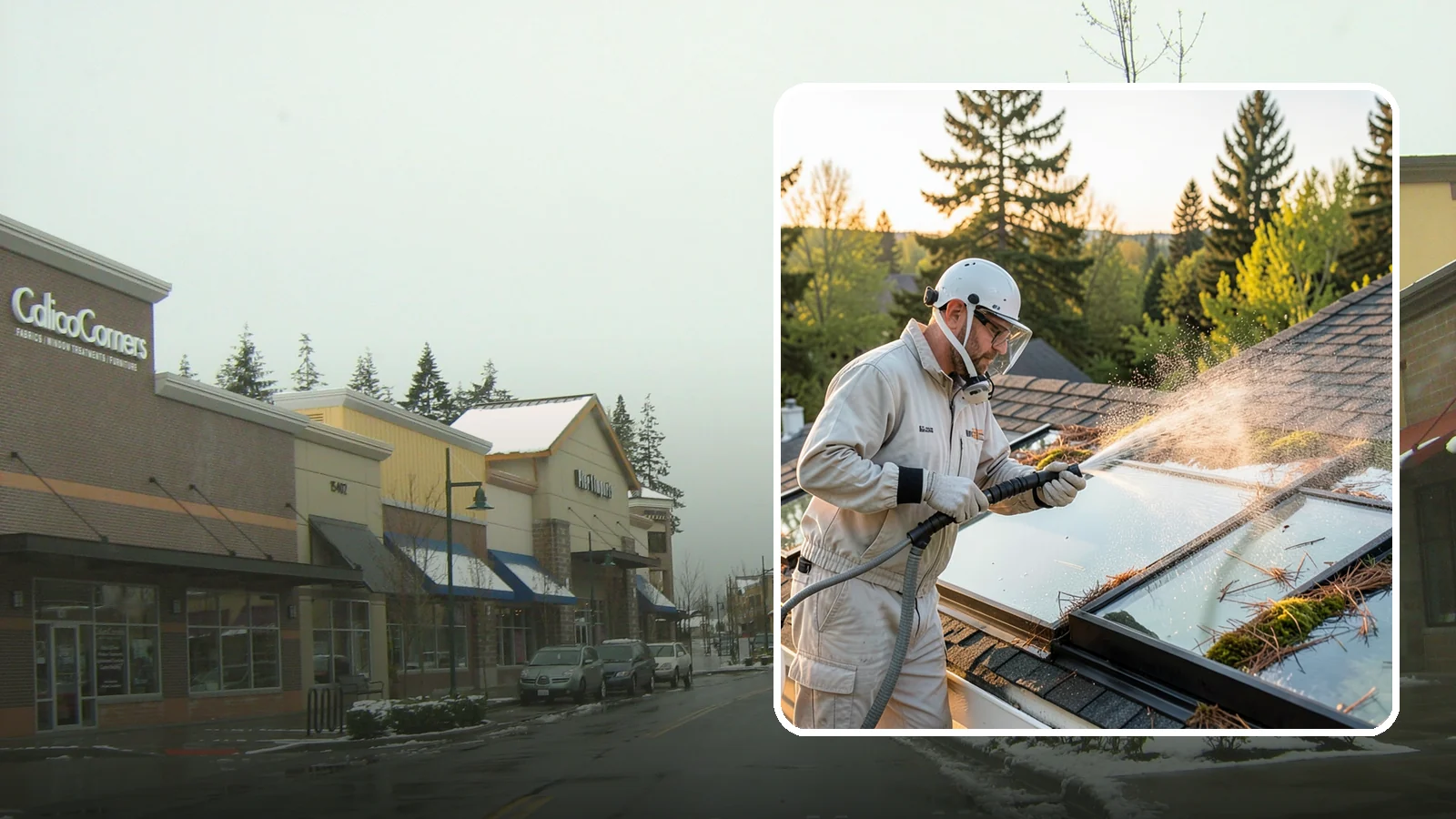 Skylight Cleaning in Mill Creek, Snohomish County, WA - Cleaning of skylights coated in the moss, needles, and organic film that settle on our low-slope roof glass.