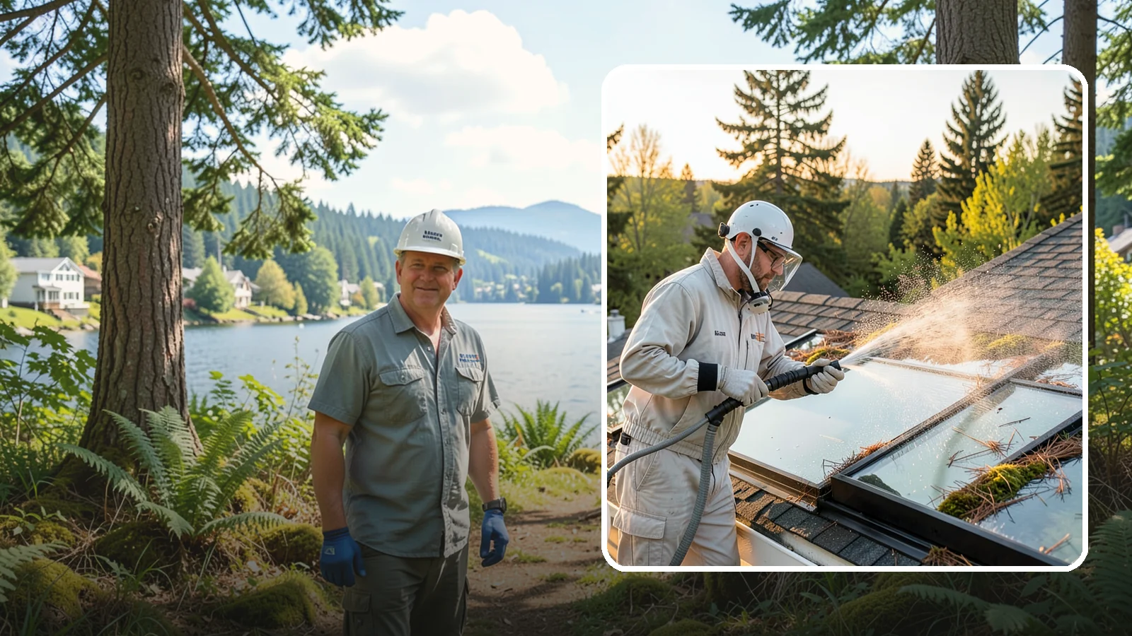 Skylight Cleaning in Milton, King County, WA - Cleaning of skylights coated in the moss, needles, and organic film that settle on our low-slope roof glass.