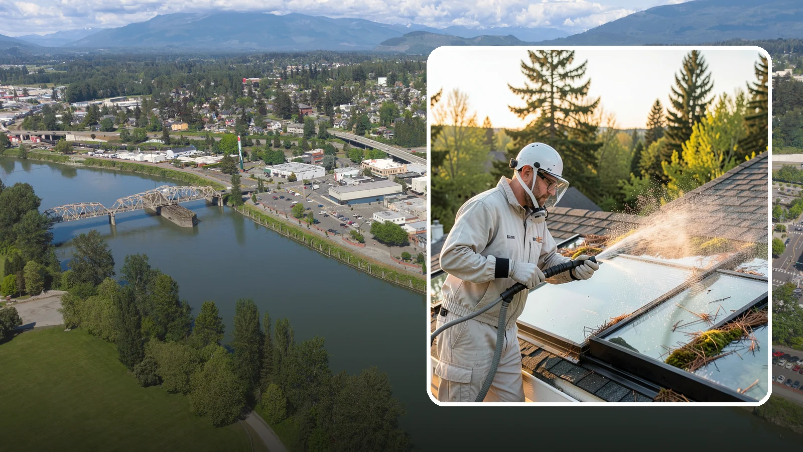 Skylight Cleaning in Mount Vernon, Skagit County, WA - Cleaning of skylights coated in the moss, needles, and organic film that settle on our low-slope roof glass.