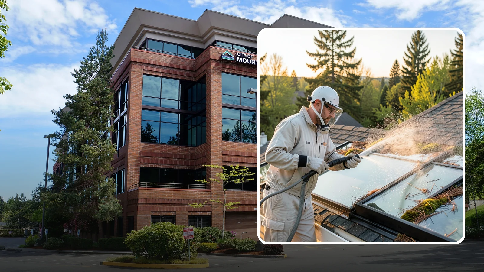 Skylight Cleaning in Mountlake Terrace, Snohomish County, WA - Cleaning of skylights coated in the moss, needles, and organic film that settle on our low-slope roof glass.