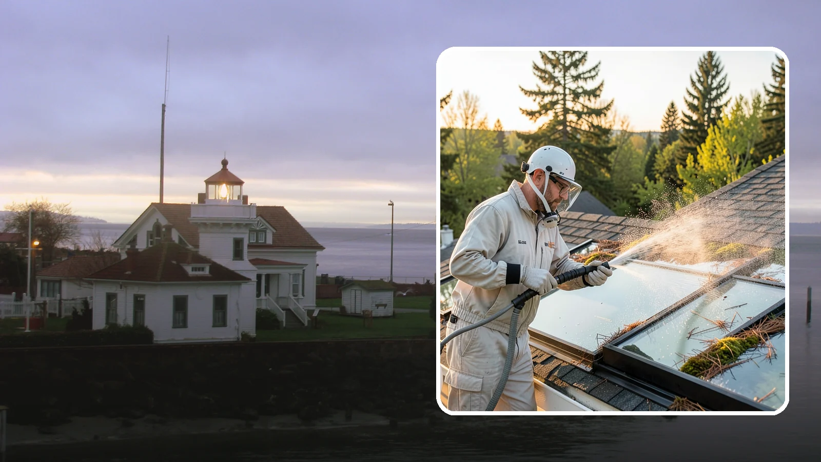 Skylight Cleaning in Mukilteo, Snohomish County, WA - Cleaning of skylights coated in the moss, needles, and organic film that settle on our low-slope roof glass.