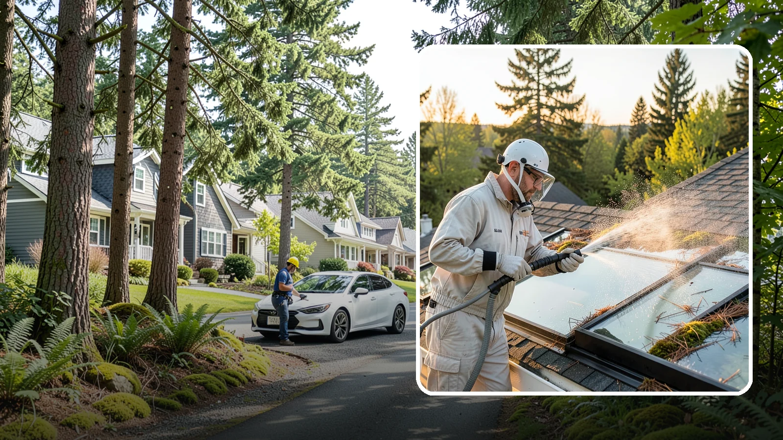 Skylight Cleaning in Normandy Park, King County, WA - Cleaning of skylights coated in the moss, needles, and organic film that settle on our low-slope roof glass.