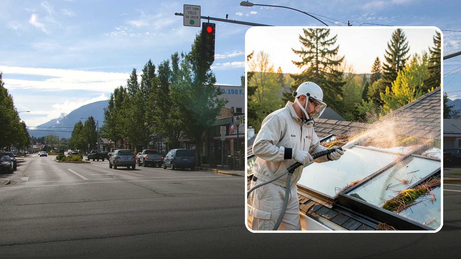Skylight Cleaning in North Bend, King County, WA - Cleaning of skylights coated in the moss, needles, and organic film that settle on our low-slope roof glass.