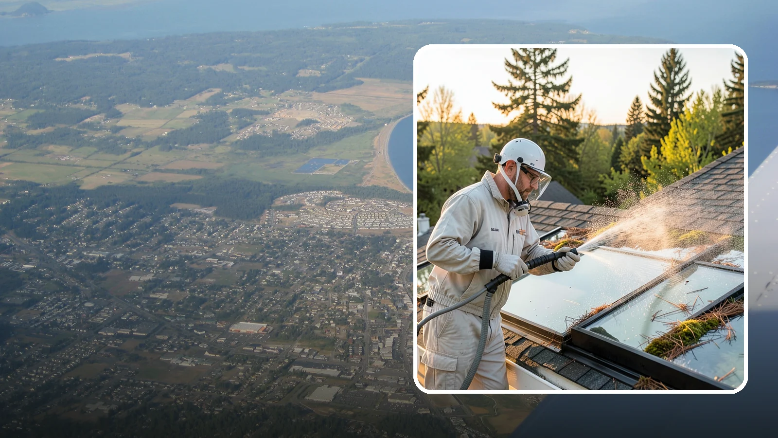Skylight Cleaning in Oak Harbor, Island County, WA - Cleaning of skylights coated in the moss, needles, and organic film that settle on our low-slope roof glass.