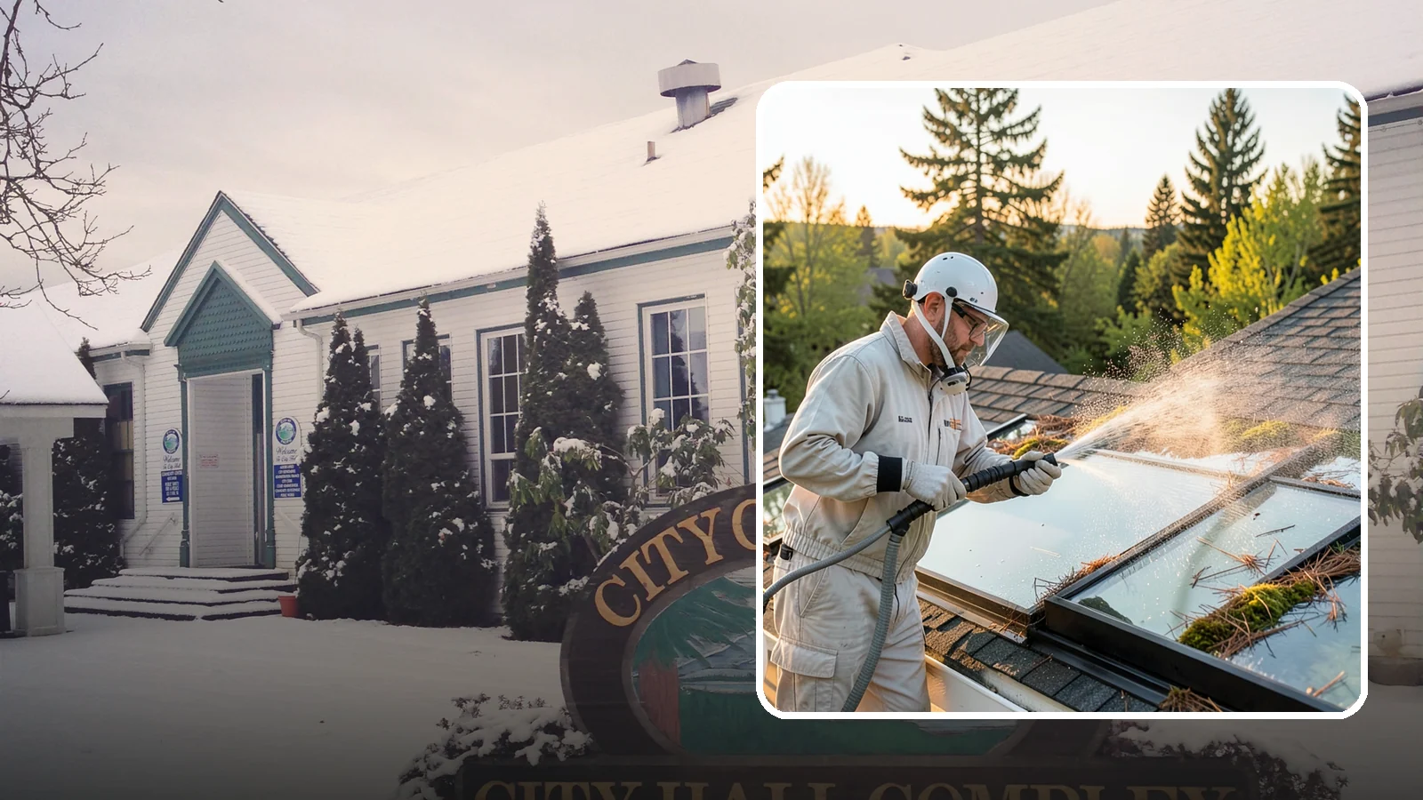 Skylight Cleaning in Pacific, King County, WA - Cleaning of skylights coated in the moss, needles, and organic film that settle on our low-slope roof glass.