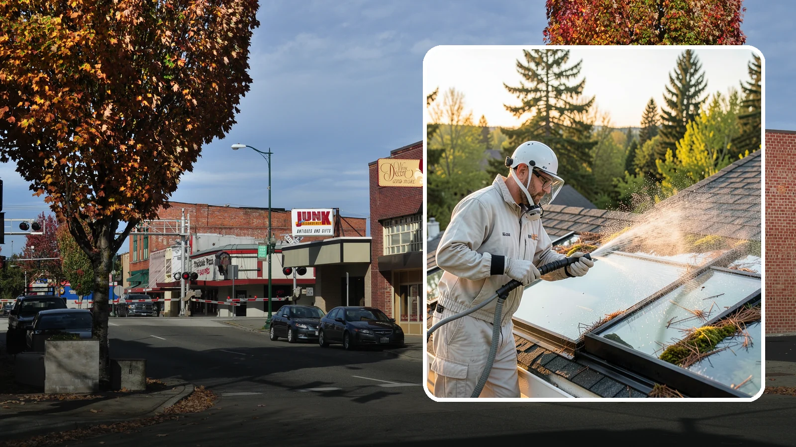 Skylight Cleaning in Puyallup, Pierce County, WA - Cleaning of skylights coated in the moss, needles, and organic film that settle on our low-slope roof glass.