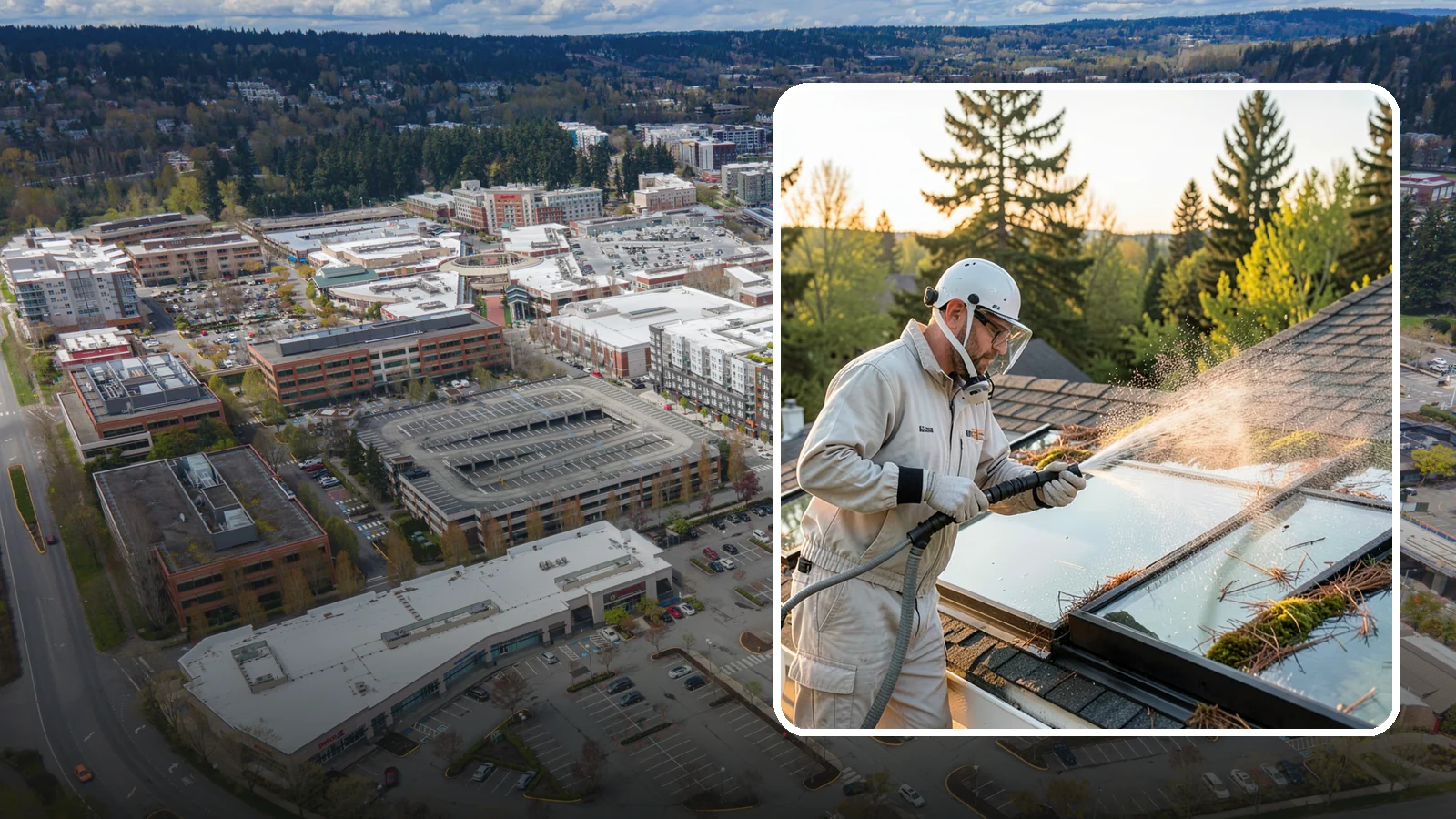 Skylight Cleaning in Redmond, King County, WA - Cleaning of skylights coated in the moss, needles, and organic film that settle on our low-slope roof glass.