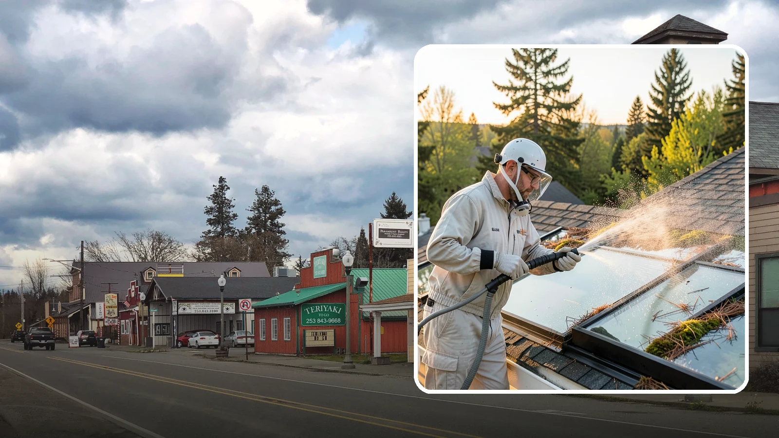 Skylight Cleaning in Roy, Pierce County, WA - Cleaning of skylights coated in the moss, needles, and organic film that settle on our low-slope roof glass.
