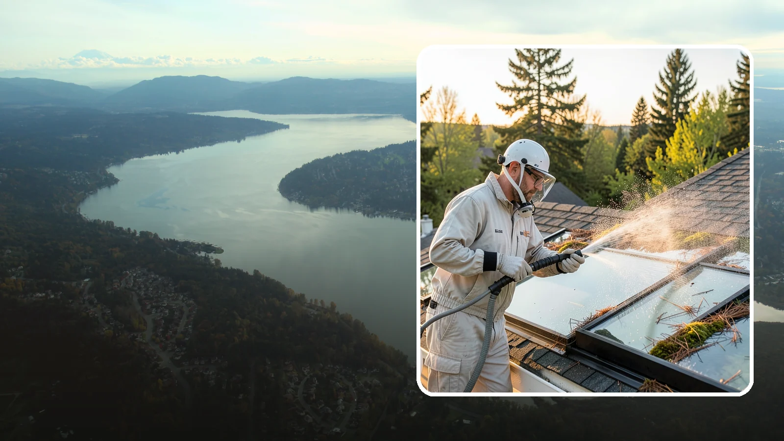 Skylight Cleaning in Sammamish, King County, WA - Cleaning of skylights coated in the moss, needles, and organic film that settle on our low-slope roof glass.