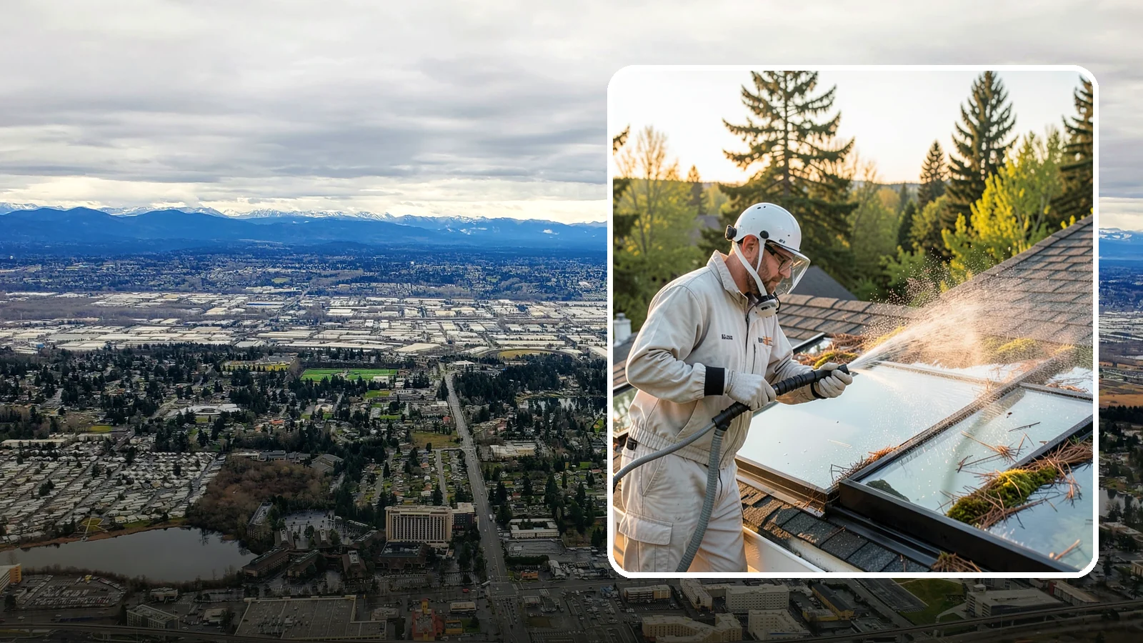 Skylight Cleaning in SeaTac, King County, WA - Cleaning of skylights coated in the moss, needles, and organic film that settle on our low-slope roof glass.