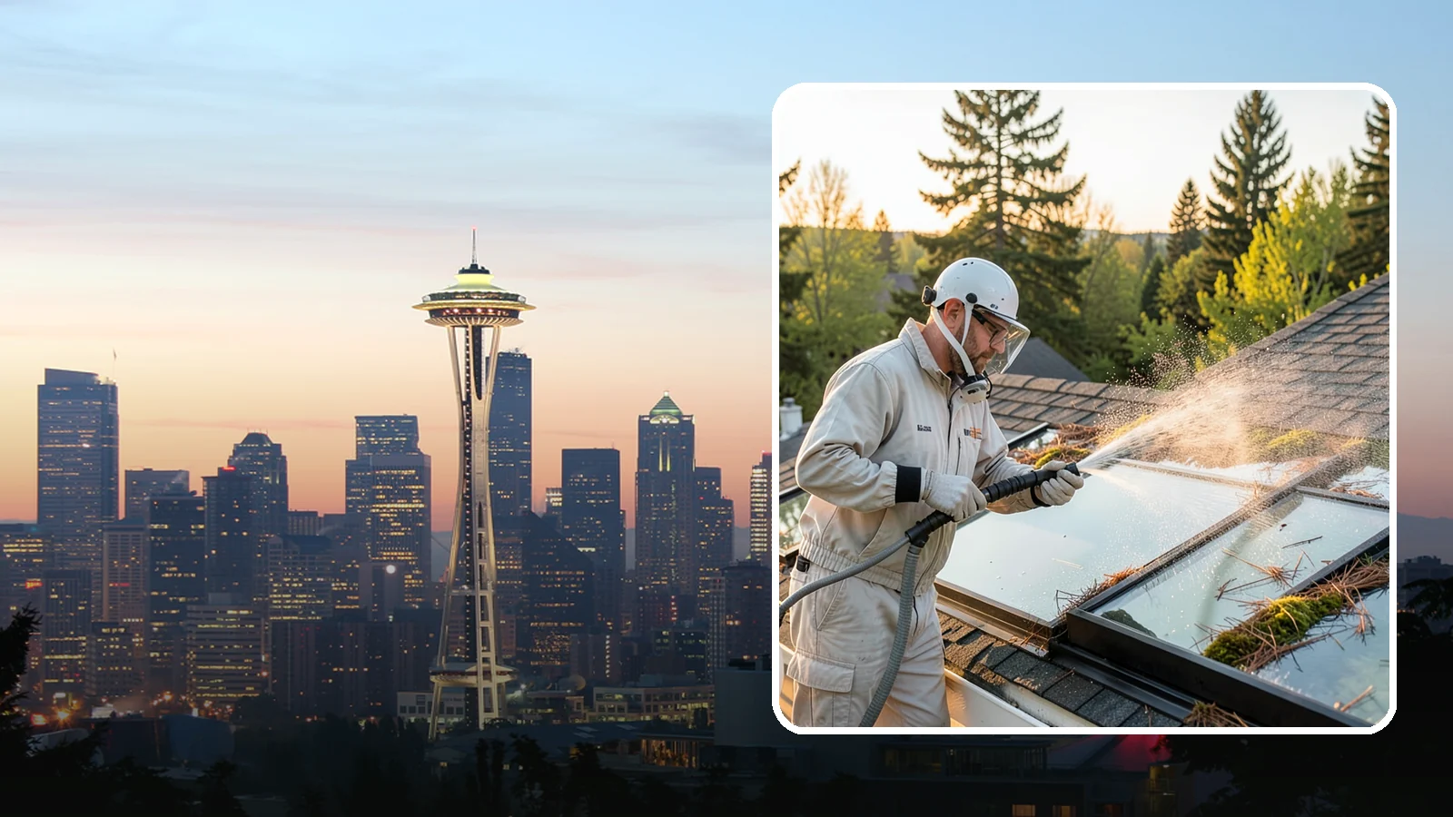 Skylight Cleaning in Seattle, King County, WA - Cleaning of skylights coated in the moss, needles, and organic film that settle on our low-slope roof glass.