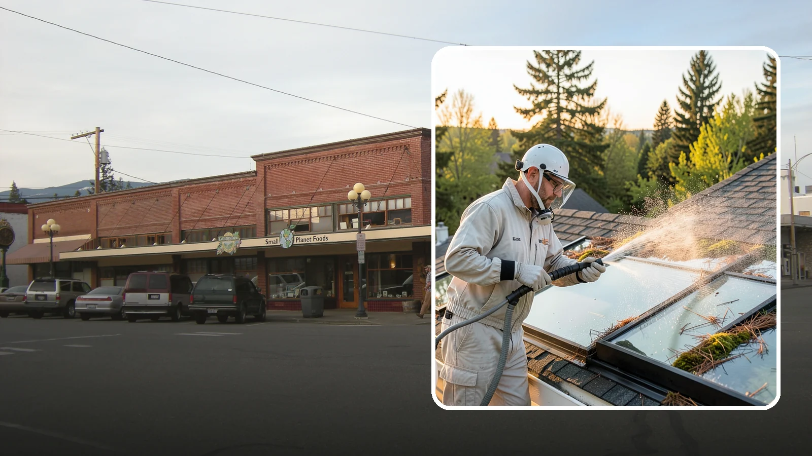 Skylight Cleaning in Sedro-Woolley, Skagit County, WA - Cleaning of skylights coated in the moss, needles, and organic film that settle on our low-slope roof glass.